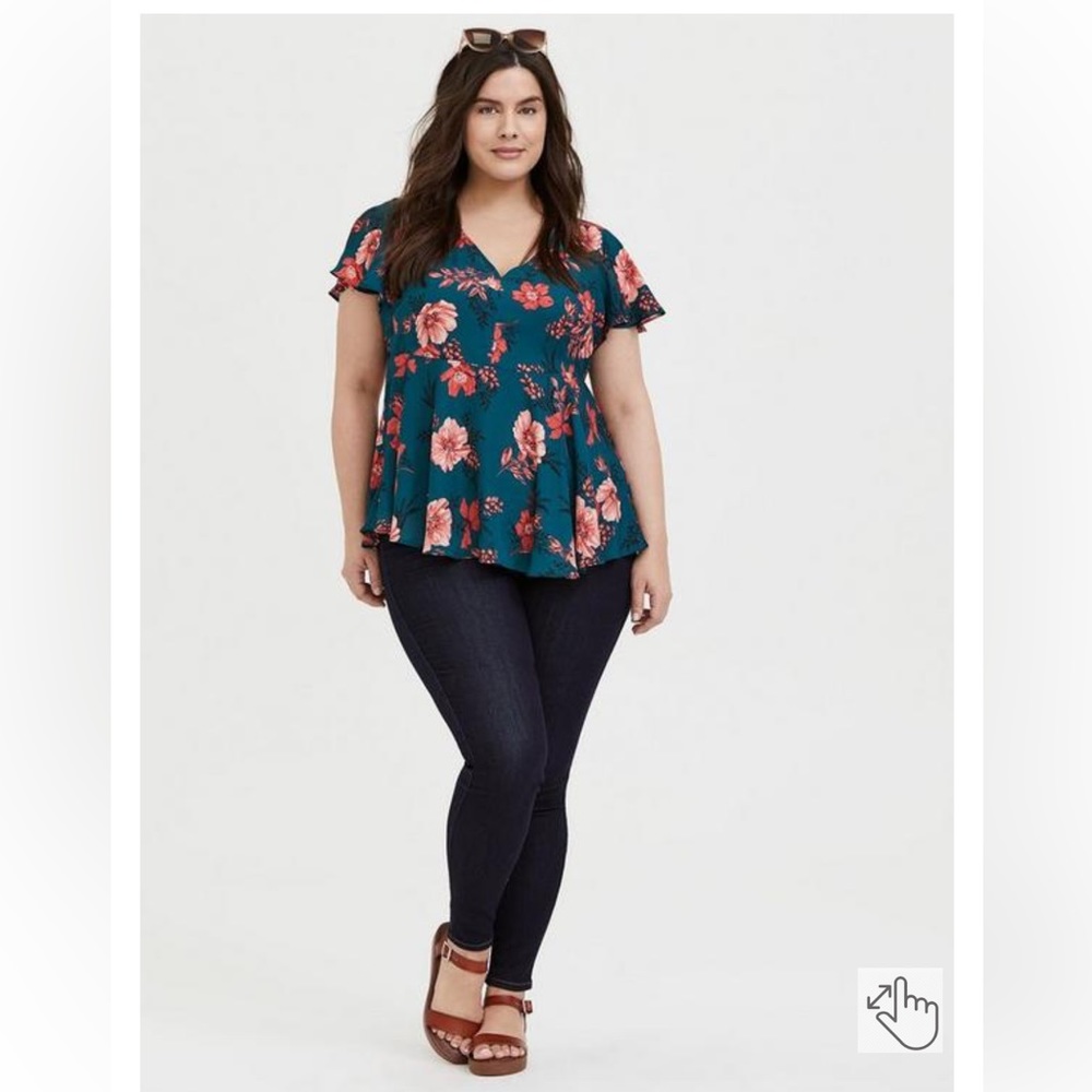 Torrid Teal Floral Peplum Top with Pink Blooms